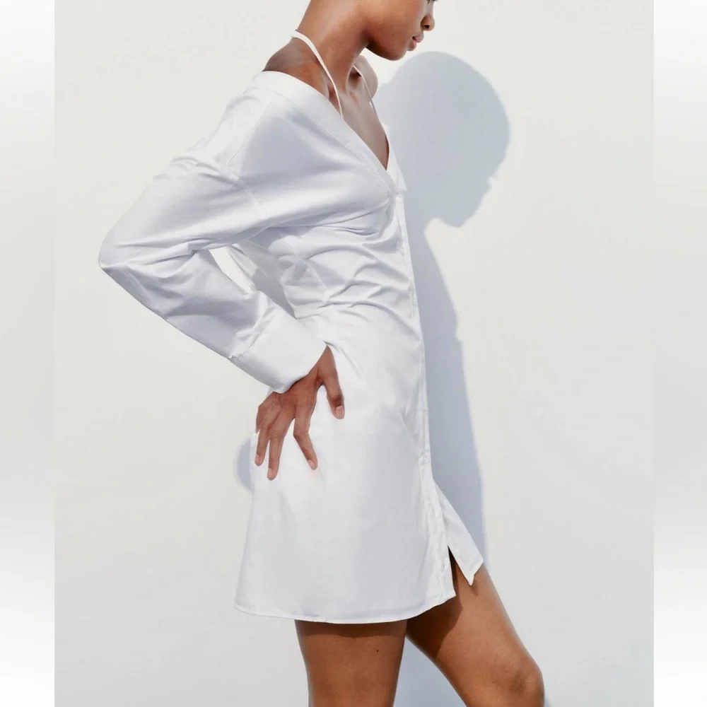 Zara NWT gabardine white off the shoulder button front trench coat shirt dress - Picture 6 of 15
